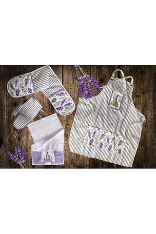 Lavanta Desen 4 Lü Mutfak Seti Mutfak Önlüğü, Fırın Eldiveni, E