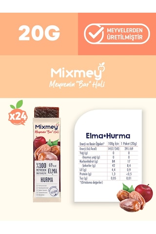 Mixmey Hurma Meyve Barı 24 Adet | Atıştırmalıklar – Vegan, Glutensiz, Koruyucusuz (20GR X 24 ADET)