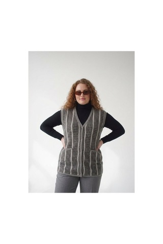 Onno Style Women Büyük Beden Kazayağı Desen Renkli Çelik Örgü Triko Kadın Yelek Gri