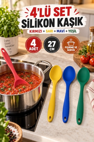 4'lü Set Kırmızı Sarı Mavi Yeşil, Büyük Boy Silikon Kaşık Seti 27 Cm, Yemek Pişirme Ve Servis Kaşığı