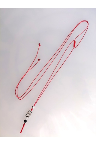 925 Ayar Gümüş Zirkon Taşlı Kırmızı İp Kedi Püskültasarım Choker Kadın Kolye Beyaz - Gümüş