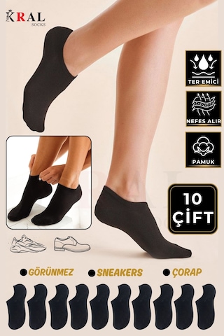 Kral Socks Kadın Pamuklu Terletmez 10'lu - 10 Çift Yazlık Görünmez Çorap Siyah