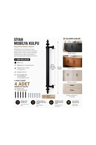 Siyah Dolap Çekmece Kulpu 128 Mm Mobilya Mutfak Banyo Dolabı Kulpu - 4 Adet Çok Renkli