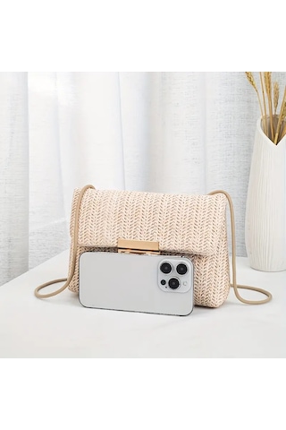 Dokuma Düz Renk Bej Tokalı Omuz Çantası Bej