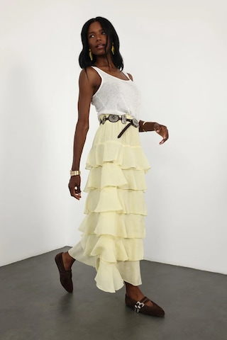 Sarı Beli Lastikli Volanlı Maxi Etek 4097 Sarı
