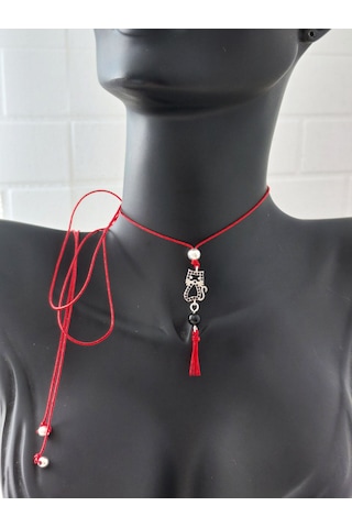 925 Ayar Gümüş Zirkon Taşlı Kırmızı İp Kedi Püskültasarım Choker Kadın Kolye Beyaz - Gümüş
