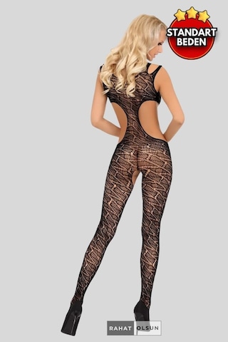 İnce File İp Askılı Derin Sırt Ve Bel Dekolteli Siyah Fantezi Vücut Çorabı Siyah