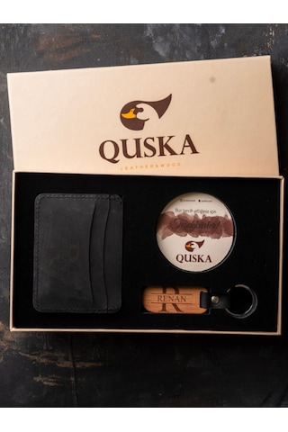 Quska Kişiye Özel İsimli El Yapımı Hakiki Deri Siyah Kartlık+anahtarlık Hediyelik Set - Grain Minimal Siyah