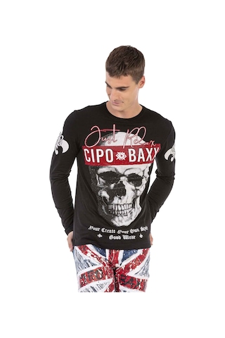 Cipo & Baxx CL454 Taşlı Kurukafa İnce Siyah Sweatshirt Siyah