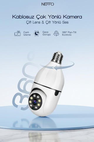 Gece Görüşlü 360 Derece Led Işık 1080p Wifi Kamera Kablosuz Panoramik Balıkgözü Ampul Kamera