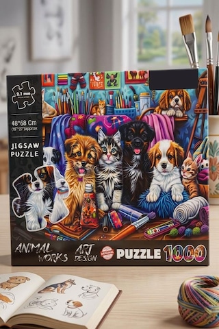 1000 Parçalı Animal Works Evcil Hayvan Temalı Puzzle 48x68cm Eğitici Çocuk Yapboz 1