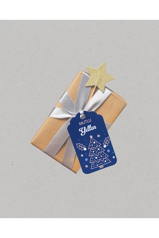 Yılbaşı Mutlu Yıllar Yazılı Hediye Etiketi, Çam Desenli Paketleme