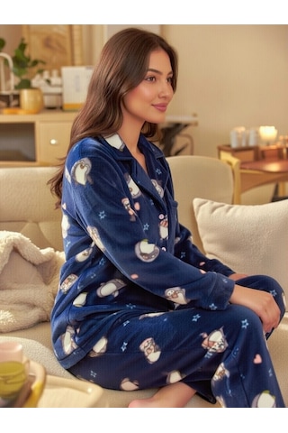 Rukod Kadın Mavi Penguen Desenli Polar Gömlek Yaka Düğmeli Uzun Altlı Pijama Takımı Lacivert