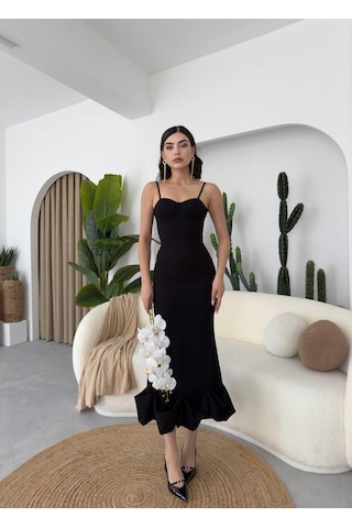 Simala Dominic Eteği Büzgülü Midi Boy Elbise Siyah