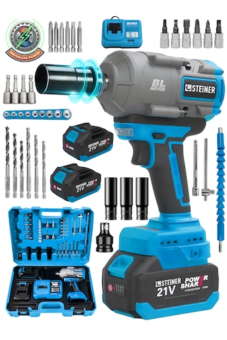 Steiner 21v 1100 Nm Kömürsüz Torklu Çift Akülü 10 Pilli 1/2 Mavi Şarjlı Somun Sıkma Sökme Makinesi + 38 Parça