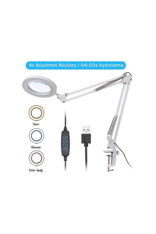 Hpy Pazar 33 Cm Çift Kollu Usb Kontrollü Aydınlatmalı Büyüteç 64 Led, 8x