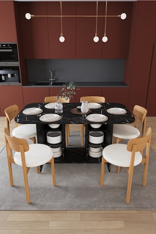 Modern Dolaplı 6 Kişilik Mutfak Yemek Masası Ve Sandalye %100 Mdf Mutfak Yemek Odası Masası Takımı Ymt06 Royal Mermer