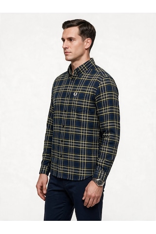 Fred Perry Erkek Normal Kesim Düğmeli Yaka Uzun Kollu Ekose Desenli Gömlek Koyu Mavi