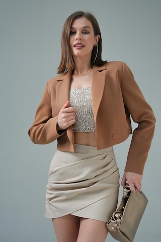 Kamel Kruvaze Crop Blazer Ceket Kamel