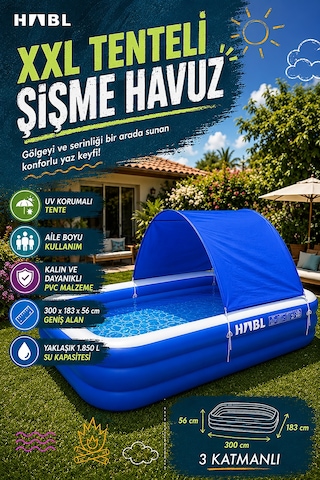 Habl 3 Boğumlu Tenteli Şişme Havuz Xxl 300x183x56 Cm 1850 L Güneş Korumalı Aile Havuzu Mavi - Beyaz
