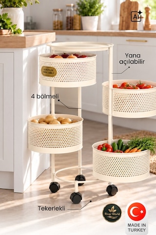 River World Tekerlekli Rengi Krem Açılabilen 4 Katlı Çok Amaçlı Metal Raf Mutfak, Balkon, Kiler Çok Renkli
