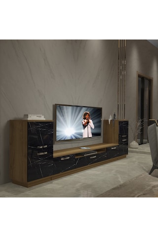Decoraktiv Trio On2 Mdf Tv Ünitesi Tv Sehpası - Pera Siyah Mermer Safir Meşe - Royal Mermer
