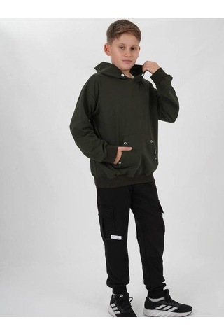 Çocuk Çıtçıt Detaylı Kapüşonlu Pamuklu Sweatshirt-14837 Haki