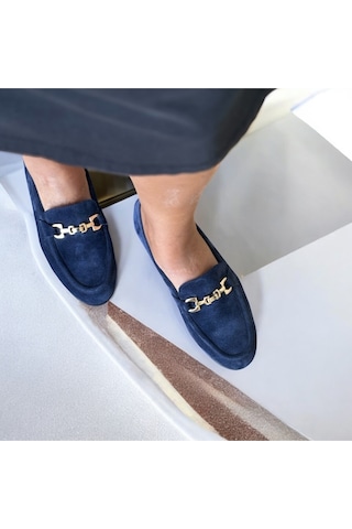 Ne&ve Shoes Lacivert Süet Hakiki Deri Gold Zincir Aksesuarlı Kadın Loafer Ayakkabı