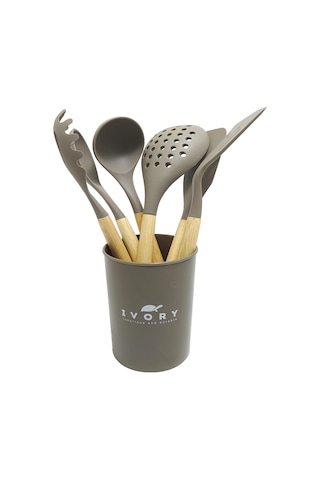 Ivory Doğal Bambu Saplı %100 Silikon Mutfak Seti 6 Parça Kahve