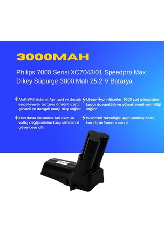 Philips 7000 Serisi Xc7043/01 Speedpro Max Dikey Süpürge 3000 Mah 25.2 V Batarya Uyumlu Uzun Ömürlü, Yüksek Performans Pil