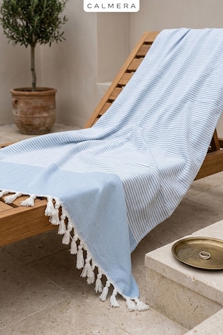 Calmera Çizgili Peştemal Pamuk - Doğal Saçaklı Plaj, Deniz, Havuz, Spa, Sauna, Spor, Seyahat Havlu Mavi