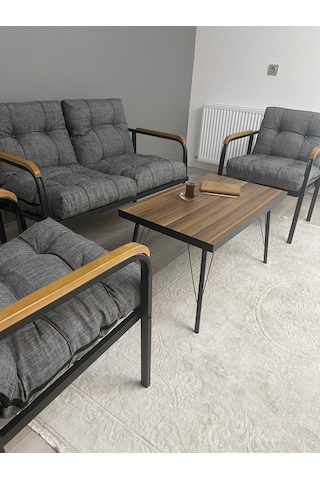 Modern Jüpiter Balkon, Bahçe, Cafe - Metal Kanepe Koltuk Takımı - 2+1+1 + Masa Antrasit Modernsh22 Antrasit