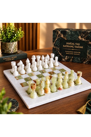 15 İnç Yeşil Oniks Doğal Taş Satranç Takımı 38x38 Cm Premium Özgün Hediye Kutulu