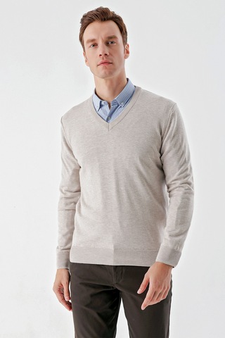 Morven Erkek Bej Basic V Yaka Dynamic Fit Rahat Kesim Triko 25kc017004653 Bej