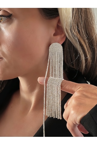 Uzun Sallantılı Tekli Beyoğlu Taşı Abiye Gold Renk Küpe Gümüş