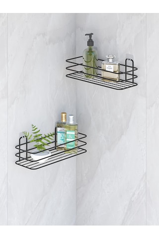 MultiStore Yapışkanlı Banyo Düzenleyici 2 Adet Banyo Rafı Şampuanlık Sabunluk Mat Siyah Duş Askısı Rafı Siyah