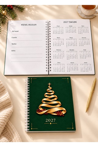 A5 Spiralli Defter 2027 Takvimli 50 Yaprak 100 Sayfa Çizgili Yeşil Altın Kurdele Ağaç Desenli Not Defteri