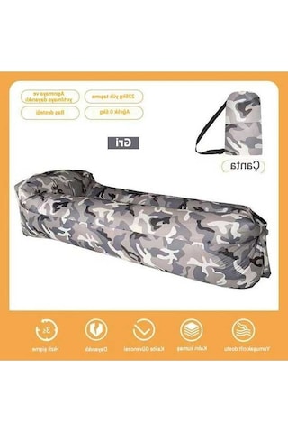 Novahub Desenli Şişme Koltuk, Baş Destekli Hava Yatağı, Kamp İçin Taşınabilir Gri Küçük Boy Gri