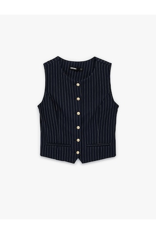 Koton Slim Fit Bisiklet Yaka Düğmeli Çizgili Yelek Beyaz Çizgili 6sak30005ek