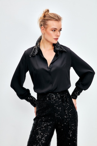 Sateen Payet Detaylı Saten Gömlek - Siyah-134117 Siyah