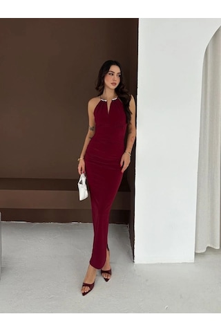 Tarzyeri Kadın Uzun Abiye Elbise Yırtmaçlı Sırt Dekolteli Şık Gece Elbisesi - Bordo
