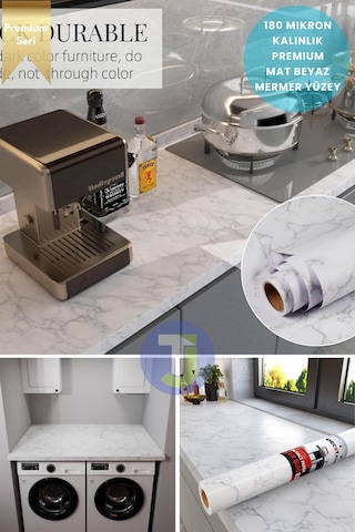 Technojet Kendinden Yapışkanlı Mat Mermer Desen Folyo Mutfak Banyo Tezgah Duvar Kaplama 60cmx100cm Beyaz