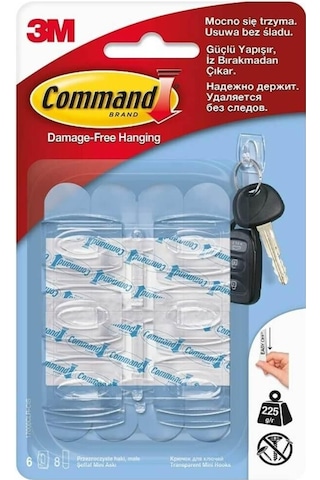 3m Command 17006clr-cee Mini Boy Şeffaf Askı, Max 225 Gr 6 Askı + 8 Küçük Boy Cırt Bant