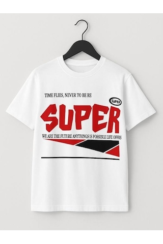 Çocuk Super Yazılı Pamuklu Oversize T-shirt-16016 Beyaz
