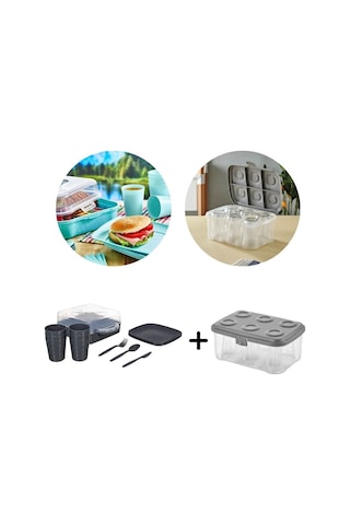 Piev Urve 6 Kişilik Kamp Seyahat Piknik Seti ve Çay Bardak Taşıma Aparatı Kabı Antrasit