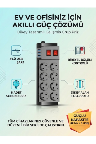2 Metre 8 Li Grup Priz 3 Usb Portlu, Termal Ve Aşırı Akım Koruması, Ev Ofis Çoklu Uzatma Kablosu 2 M