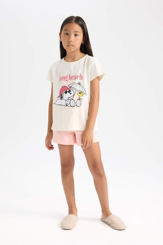DeFacto Kız Çocuk Snoopy Pijama Takımı Kısa Kollu Üst Beli Lastikli Kısa Şort D9831A824WNER99 Ekru
