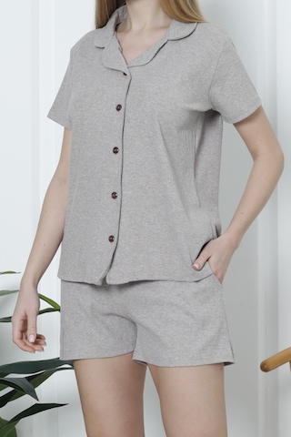 Kadın Şortlu Pijama Takımı Kısa Kollu Kaşkorse Salaş Cepli Koyu Vizon Nıc1070 R29 Koyu Vizon