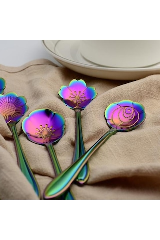 8 Adet Çiçek Paslanmaz Çelik Kahve Çay Bardağı Kaşık Çay Kaşığı Mutfak Aracı Hediye Gümüş