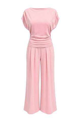 Mixray 2093 Kadın Dökümlü Bluz Geniş Paça Pantolon İkili Takım Pembe